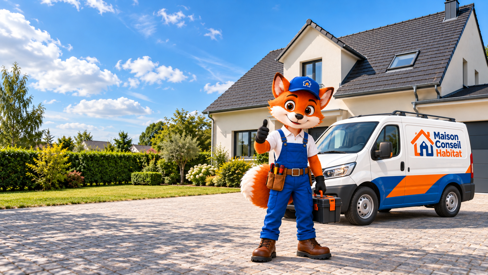 La mascotte Maison Conseil Habitat sur le parvis, devant la maison et la camionnette du réseau