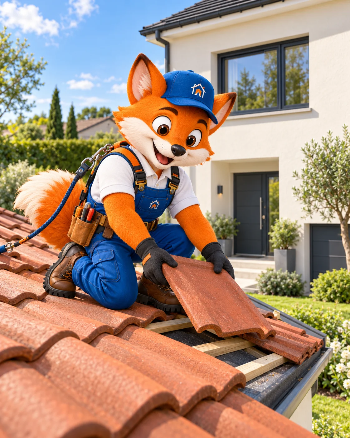 La mascotte remplace des tuiles sur un toit.
